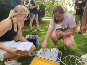 Emma Johnson and Maddy Knauff measure groundwater properties a UW Eau Claire well field.