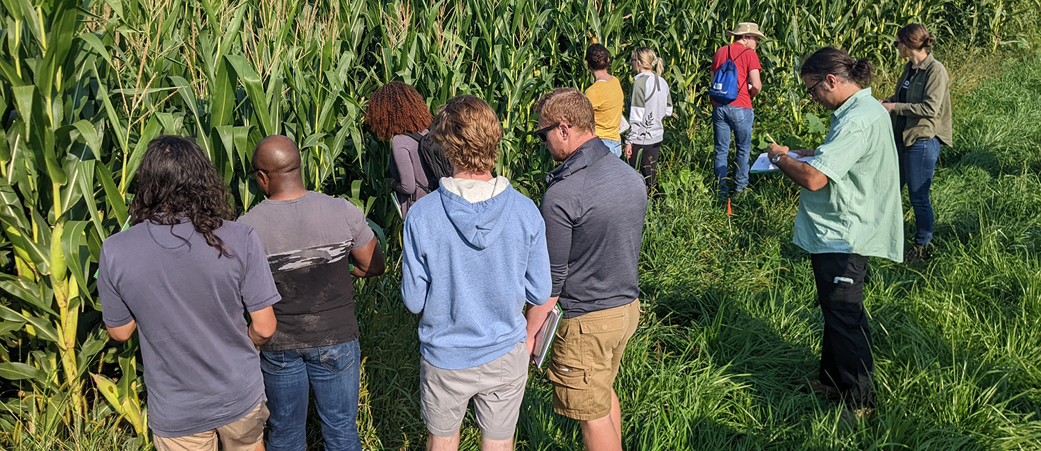Students talk with farmers about crops and water management practices.