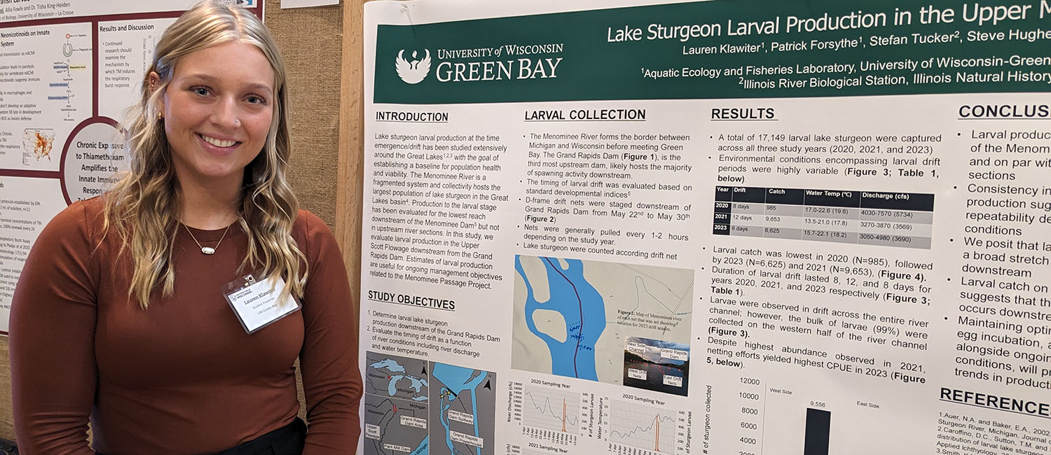 UW-Green Bay student in front of poster presentation