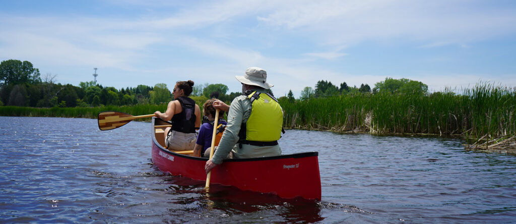 three people in canoe near wild rice